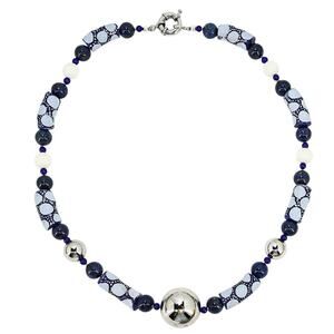 Boho Beaded Necklace UNDYED Lapis Lazuli Cachalong Krobo Stainless Steel 20.5”